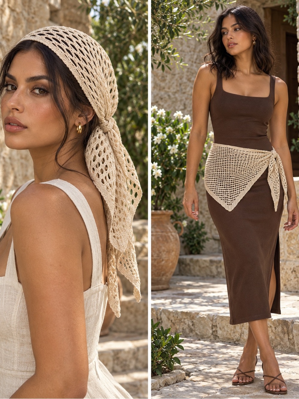 Neutral Crochet Headscarf & Waist Tie - Cream Summer Wrap